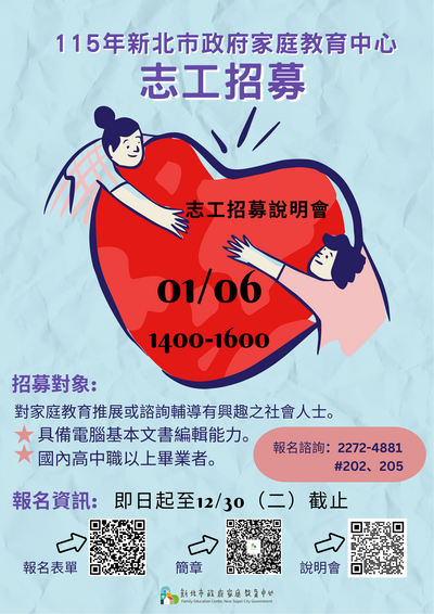 轉知家庭教育中心為招募與培訓115年度家庭教育志工，歡迎民眾踴躍報名參加圖片